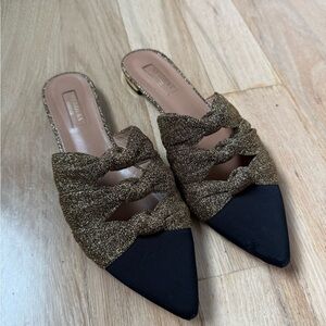Aquazzura Gold Glitter Braided Mules with Black Pointed Toe